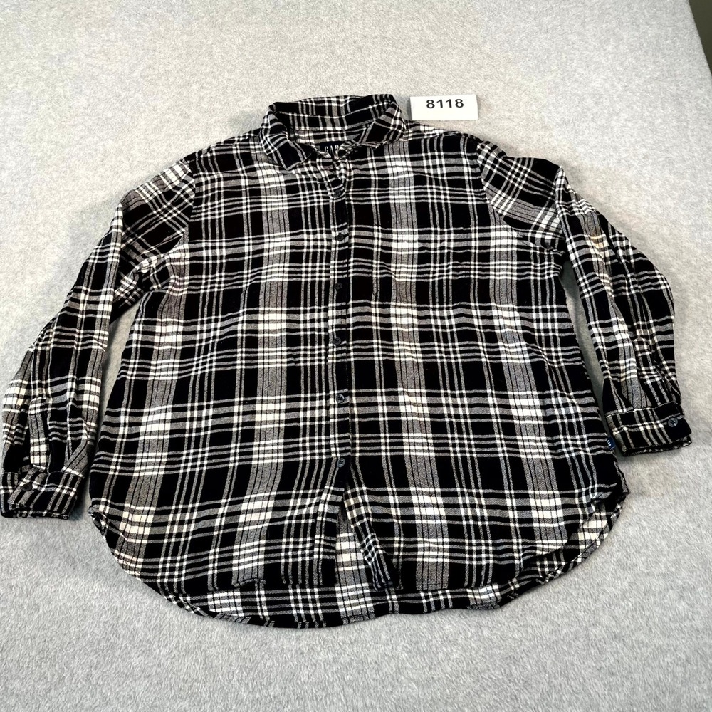 Gap Flannel Shirt‎ Womens XL Black White Plaid Cotton Collared Button Up Casual